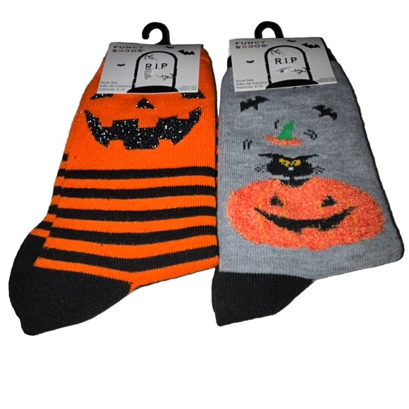 RIP Halloween Crew Socks 2 Pair Women 4-10 Gray Orange w Jack O'lantern Cat Bat - Picture 8 of 8